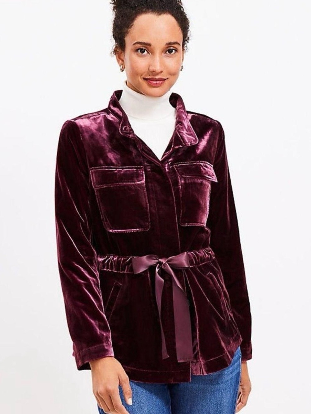 LOFT Crushed Mauve Berry Velvet Utility Jacket Button Front Tie Size Small